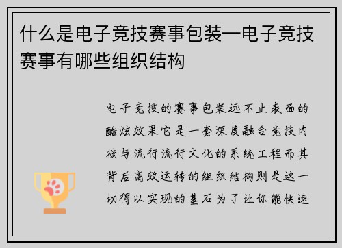 什么是电子竞技赛事包装—电子竞技赛事有哪些组织结构