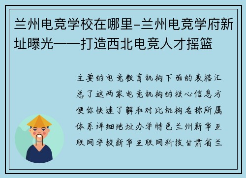 兰州电竞学校在哪里-兰州电竞学府新址曝光——打造西北电竞人才摇篮